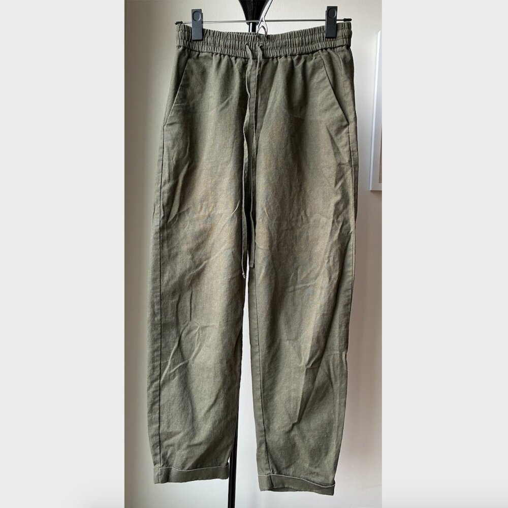 J. Crew Dark Olive Green Linen-Cotton Blend Drawstring Pant - Size 0 - Picture 2 of 4